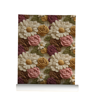 Textured floral wallpaper with wool embroidered daisies and roses in warm vintage tones on roll 