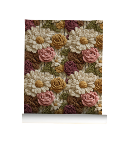 Textured floral wallpaper with wool embroidered daisies and roses in warm vintage tones on roll 