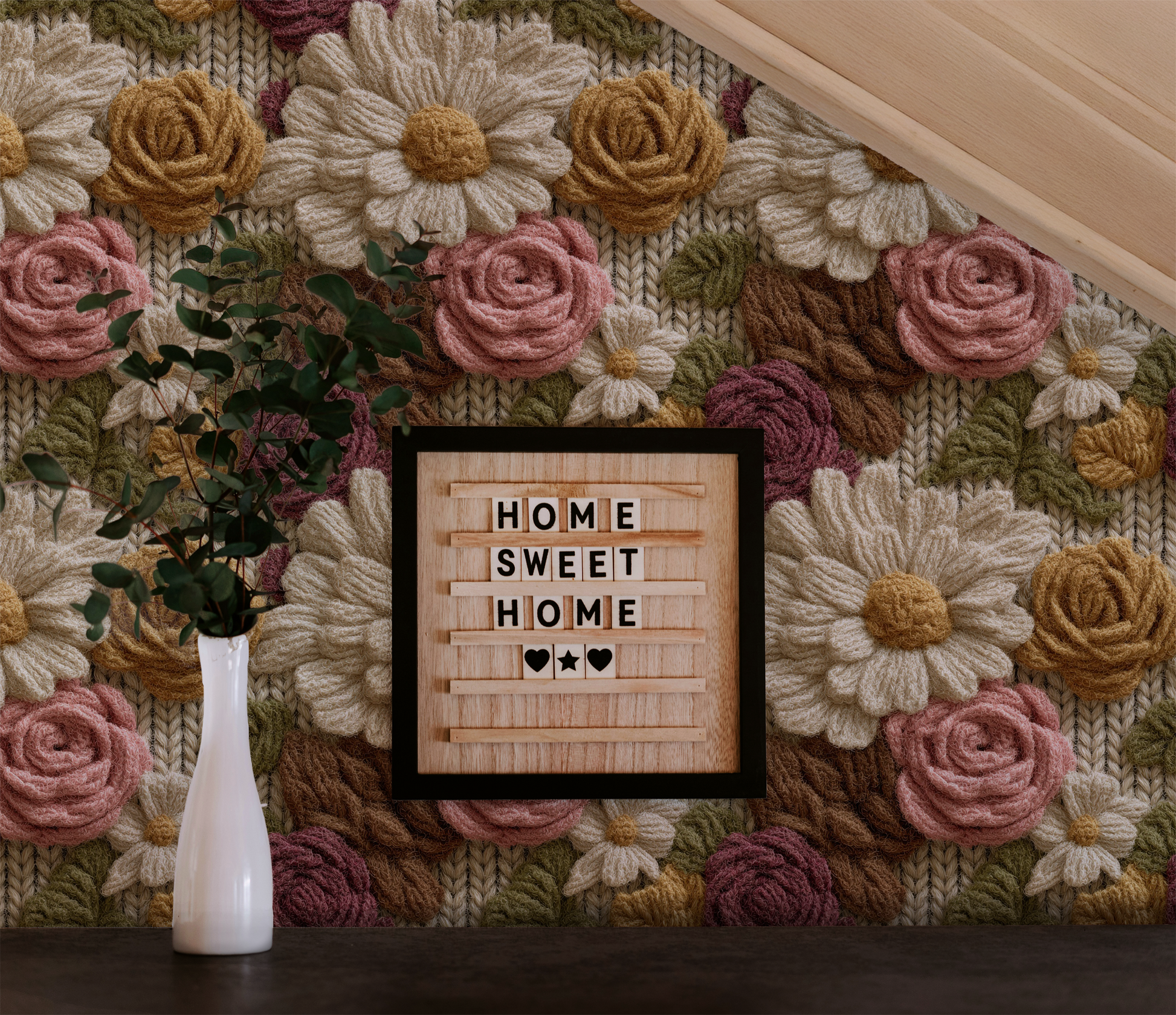 Textured floral wallpaper with wool embroidered daisies and roses in warm vintage tones on wall