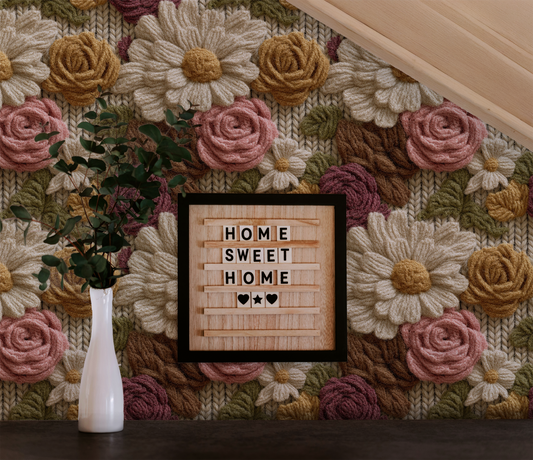 Textured floral wallpaper with wool embroidered daisies and roses in warm vintage tones on wall