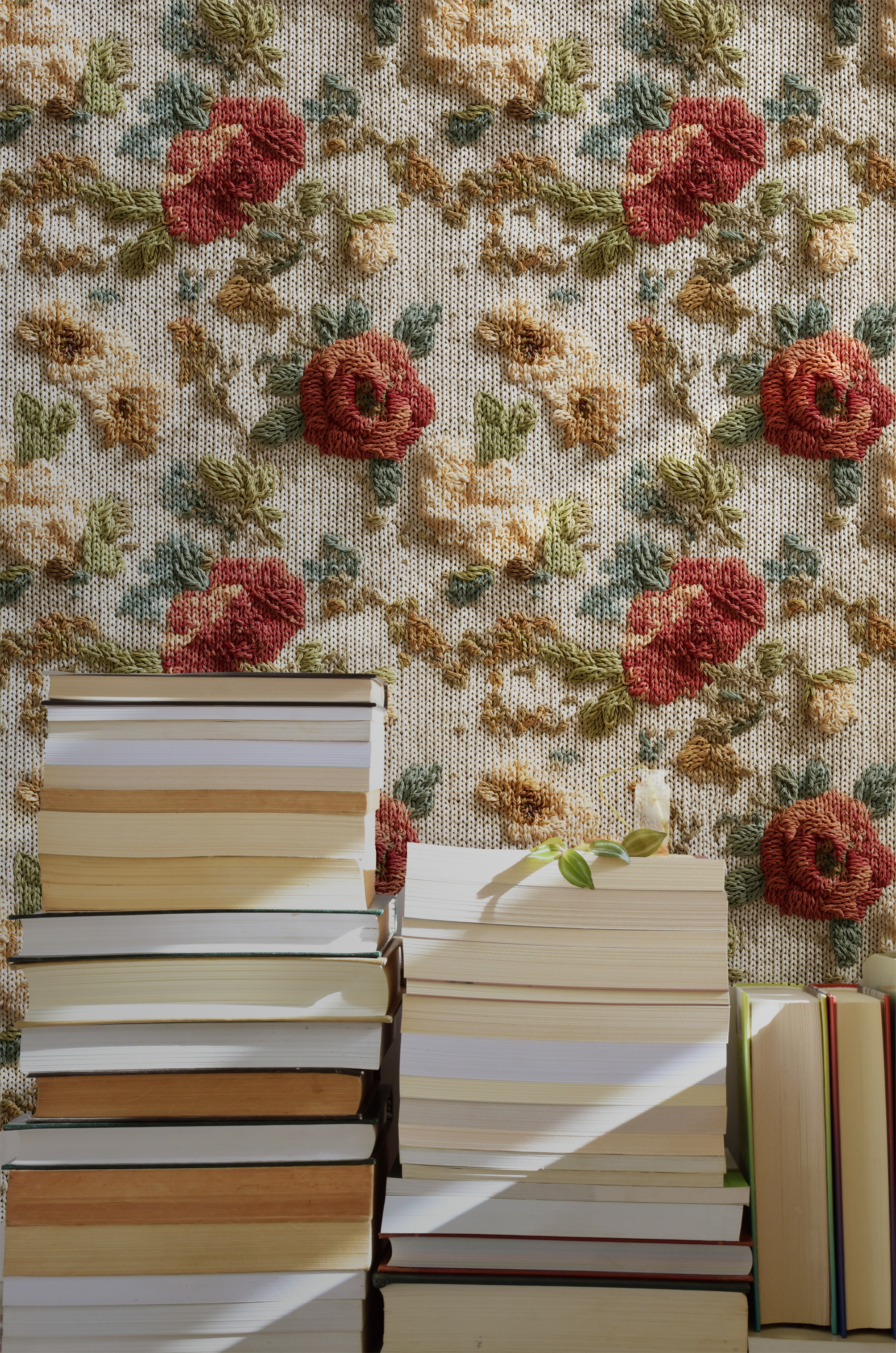 Vintage embroidered floral wallpaper with textured roses and wildflowers on linen background n room 