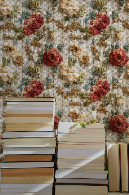Vintage embroidered floral wallpaper with textured roses and wildflowers on linen background n room 