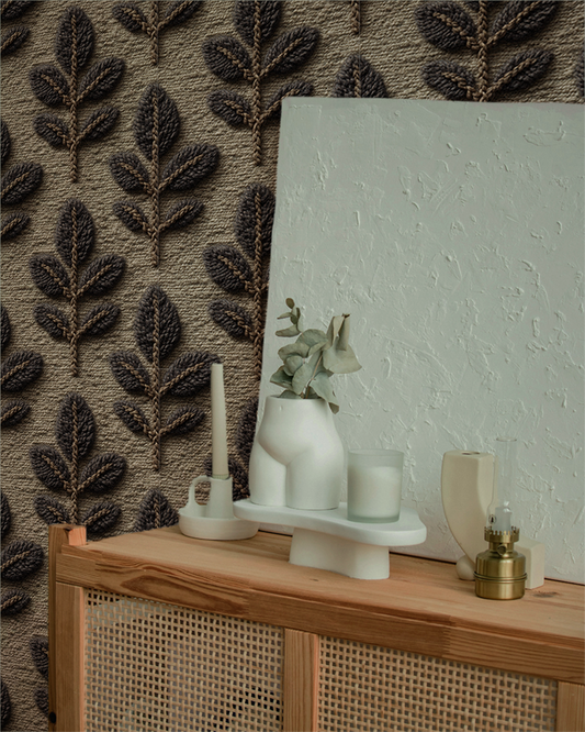 Textured leaf knit wallpaper with embroidered botanical pattern in earthy woodland tones On wall