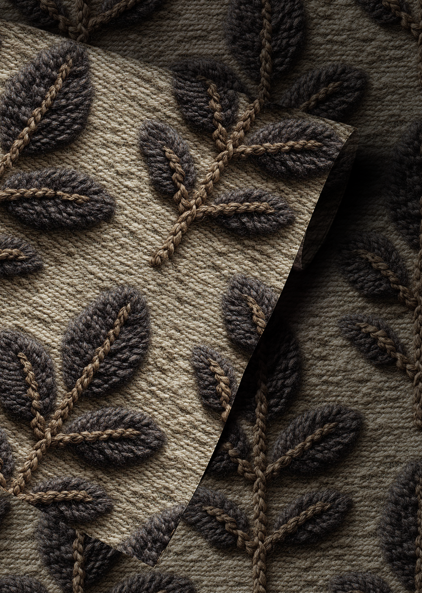 Textured leaf knit wallpaper with embroidered botanical pattern in earthy woodland tones Up close