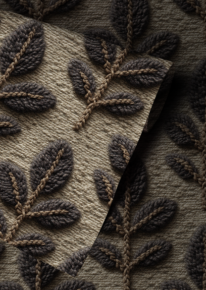 Textured leaf knit wallpaper with embroidered botanical pattern in earthy woodland tones Up close