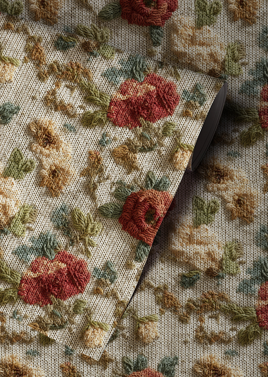 Vintage embroidered floral wallpaper with textured roses and wildflowers on linen background Up close