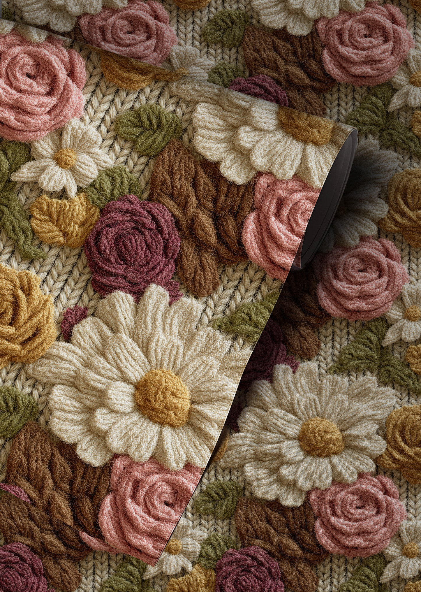 Textured floral wallpaper with wool embroidered daisies and roses in warm vintage tones up close