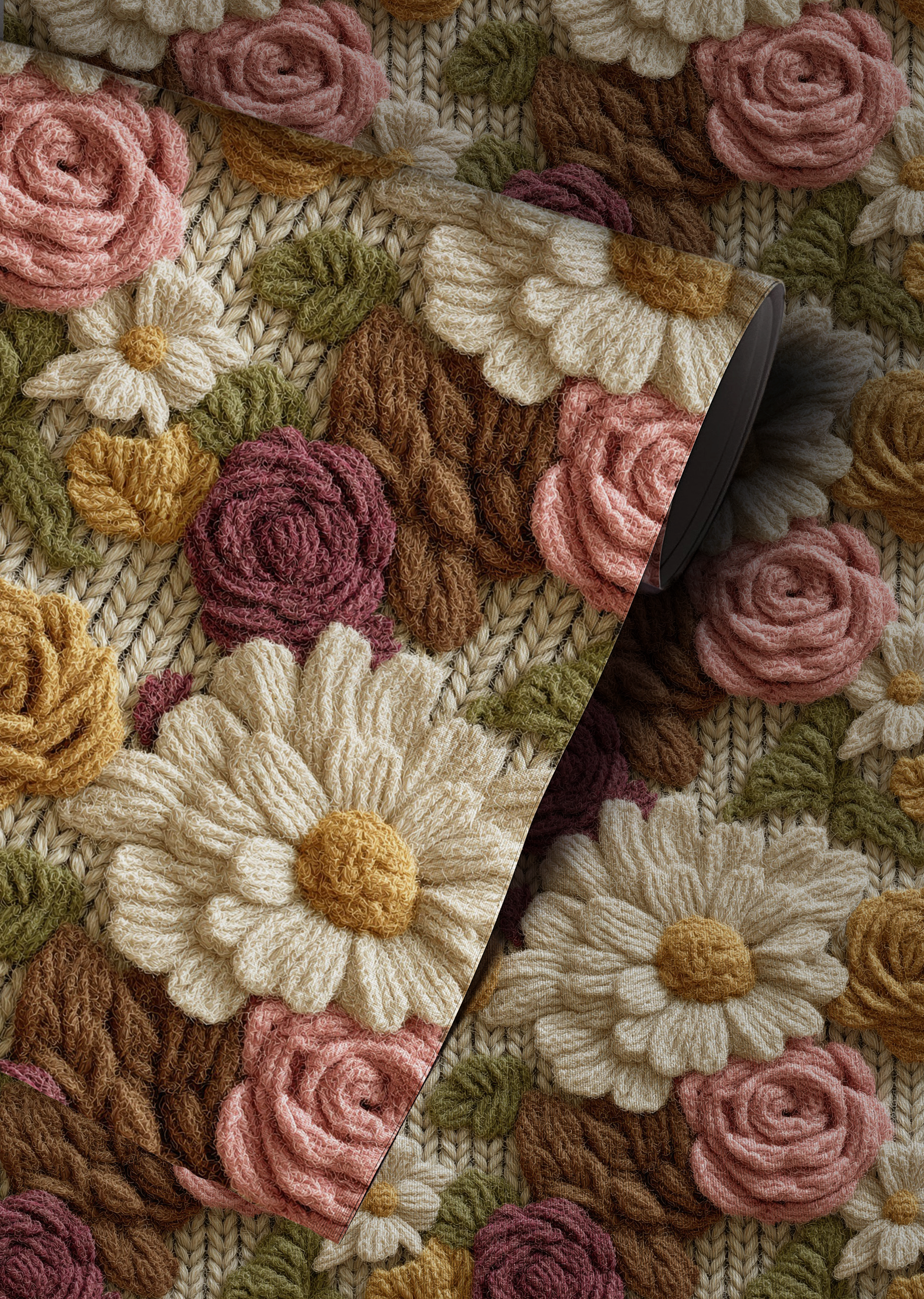 Textured floral wallpaper with wool embroidered daisies and roses in warm vintage tones up close