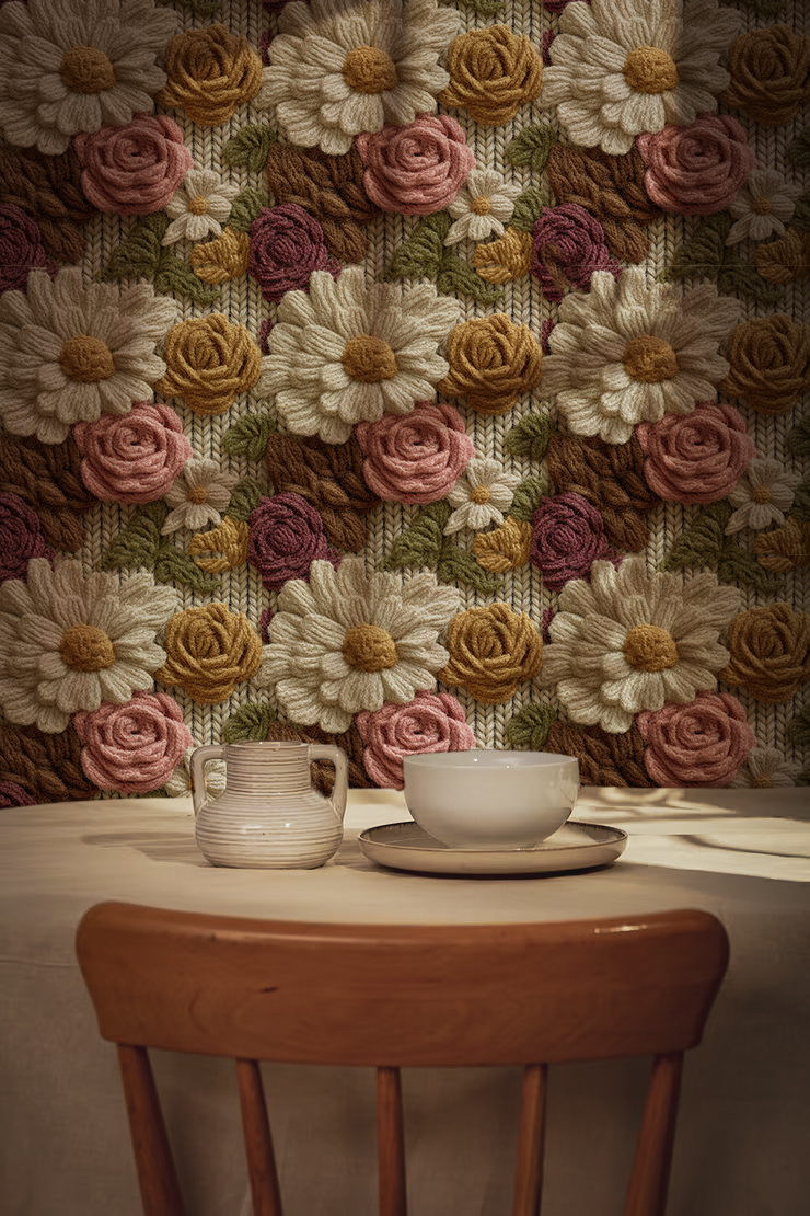 Textured floral wallpaper with wool embroidered daisies and roses in warm vintage tones in room 