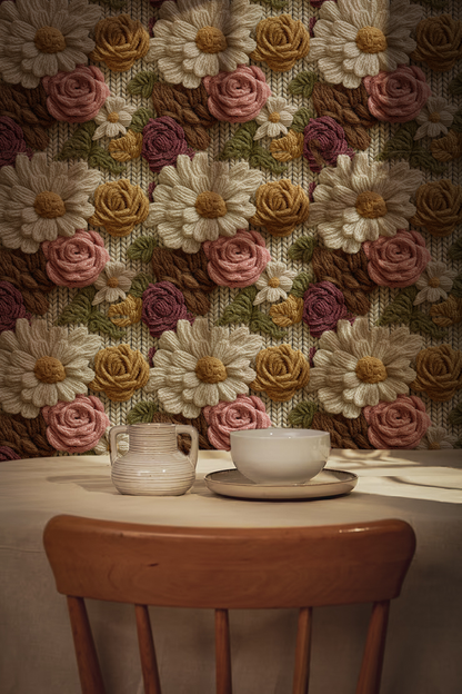 Textured floral wallpaper with wool embroidered daisies and roses in warm vintage tones in room 