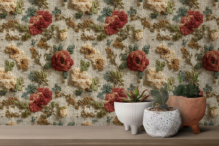 Vintage embroidered floral wallpaper with textured roses and wildflowers on linen background On wall