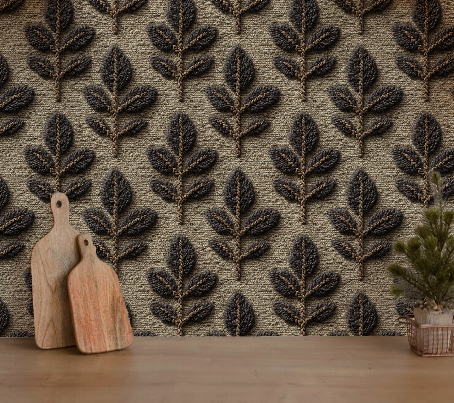 Textured leaf knit wallpaper with embroidered botanical pattern in earthy woodland tones In room 