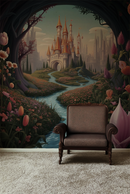 Fantasy castle wall mural featuring a whimsical fairytale kingdom, winding river, blooming flowers, enchanted forest archway, and storybook landscape in vibrant pink and blue tones.