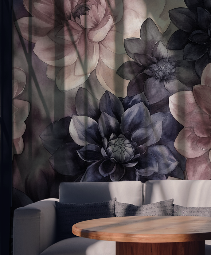 Dark floral wall mural featuring oversized watercolor blooms in charcoal, blush pink, mauve, and deep plum tones, creating a dramatic romantic focal wall for bedrooms, master suites, and moody cottage-inspired interiors, in living room