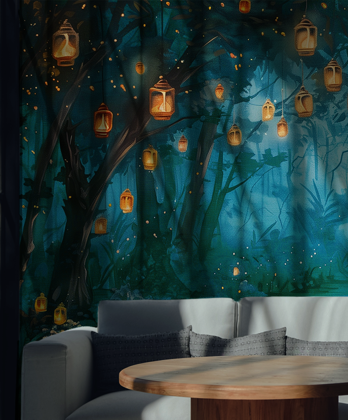 dark moody lantern forest peel and stick wallpaper mural 
