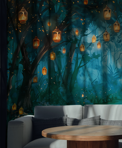 dark moody lantern forest peel and stick wallpaper mural 