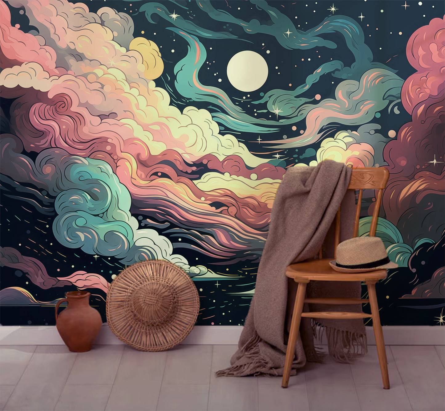 Maximalist celestial cloud peel and stick wallpaper mural