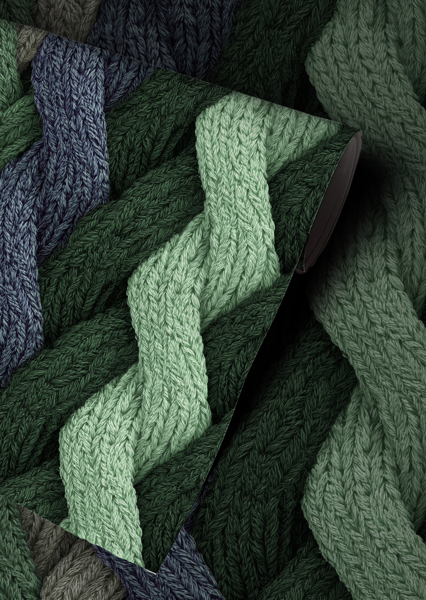 Evergreen cable knit wallpaper with braided knit pattern in layered green tones Up close