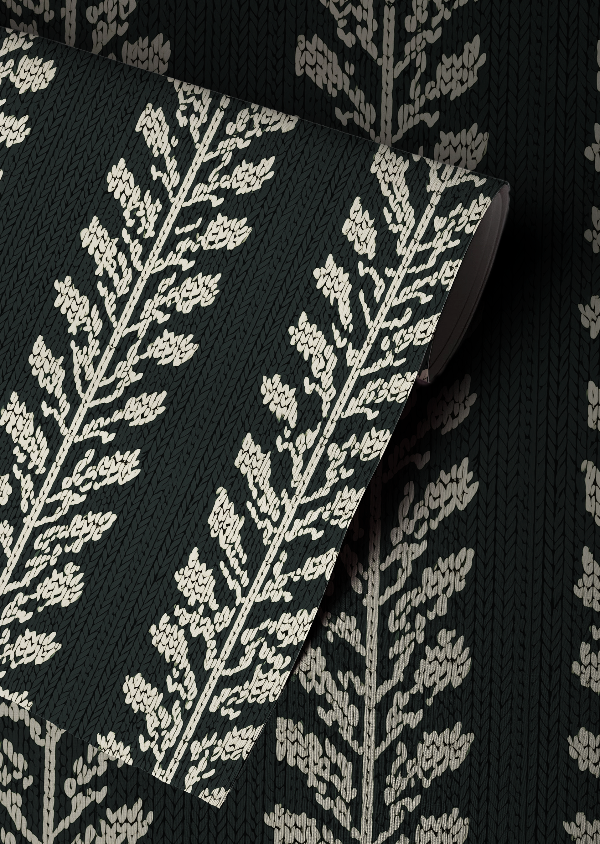 Dark botanical vine wallpaper with repeating cream leaf vines on a deep green background Up close