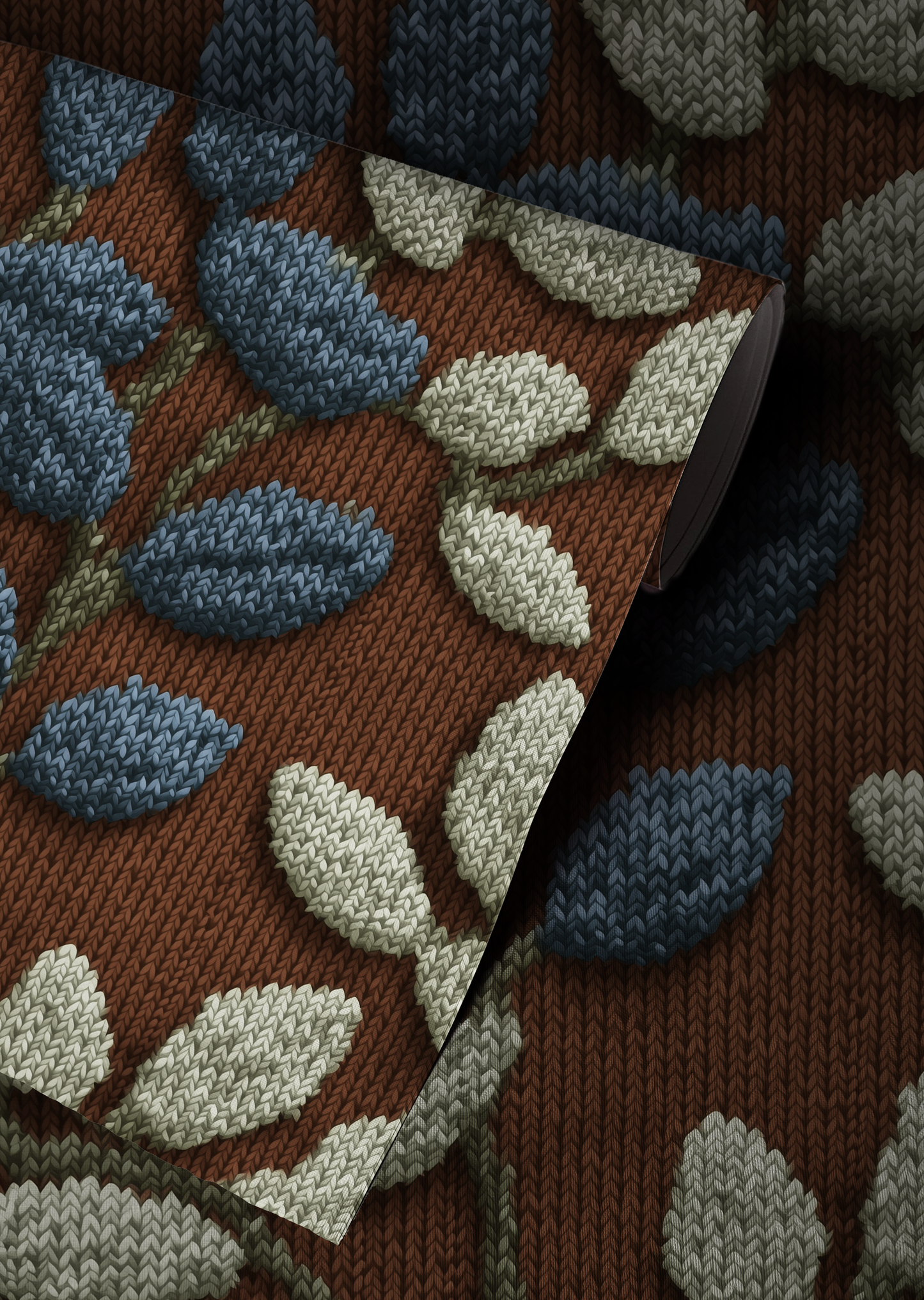 Textured botanical leaf wallpaper with blue and sage leaves on a warm rust background Up close