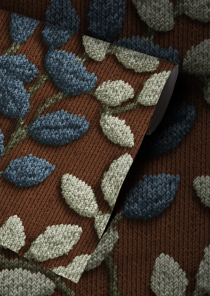 Textured botanical leaf wallpaper with blue and sage leaves on a warm rust background Up close