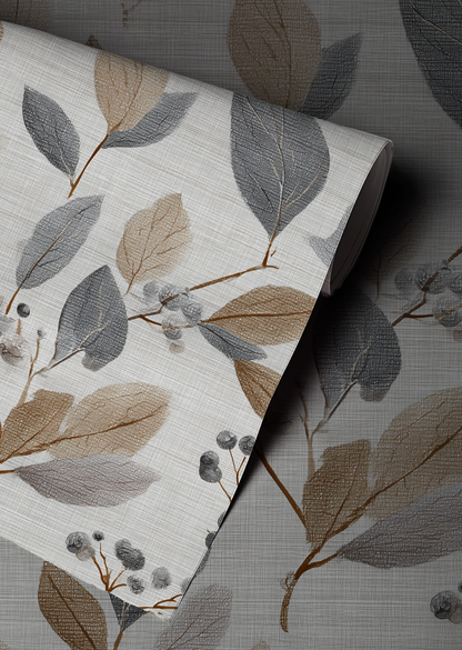 Neutral botanical leaf wallpaper with soft grey and flax colored leaves on a textured linen background Up close