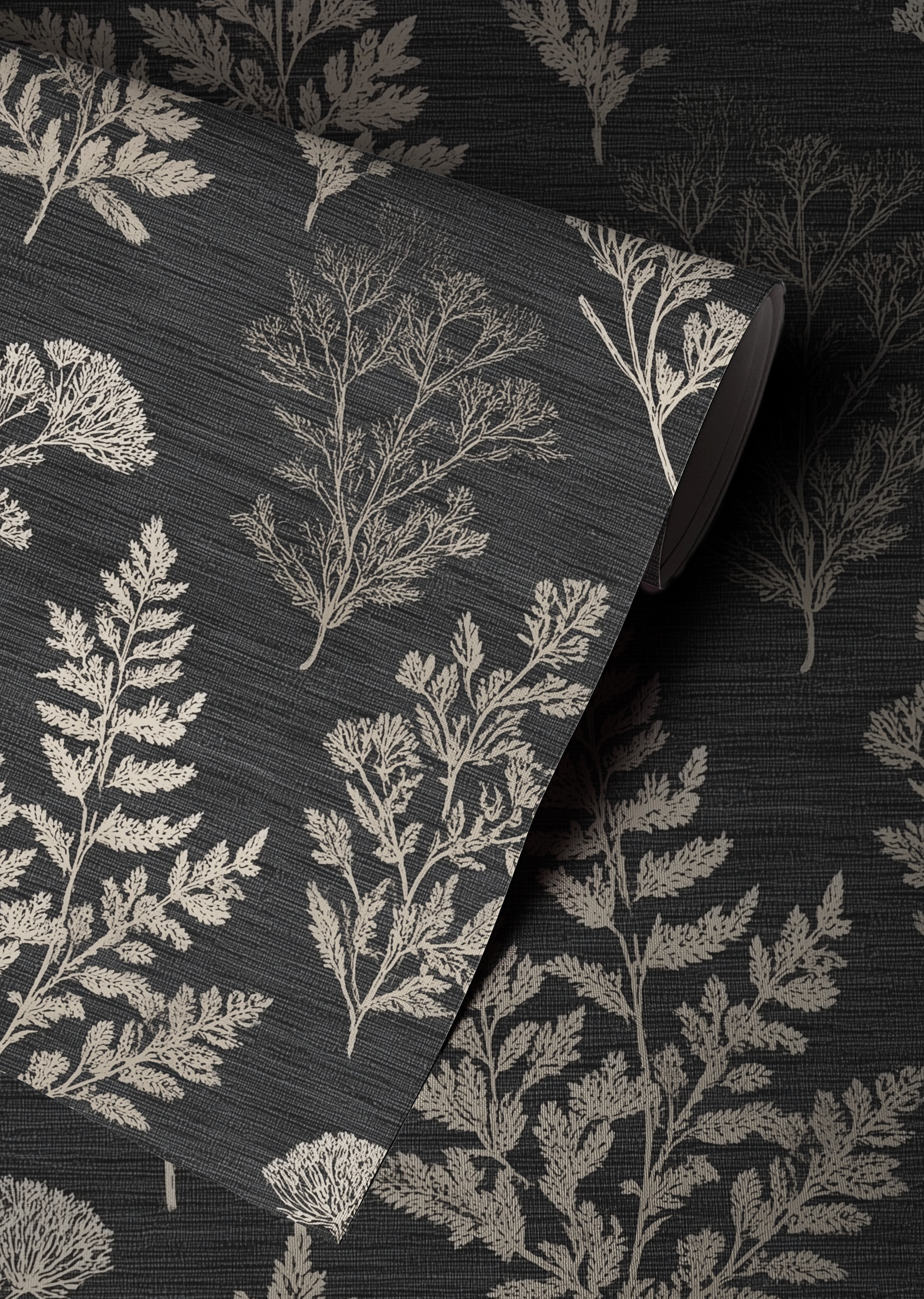 Close-up of dark wallpaper with a subtle floral pattern