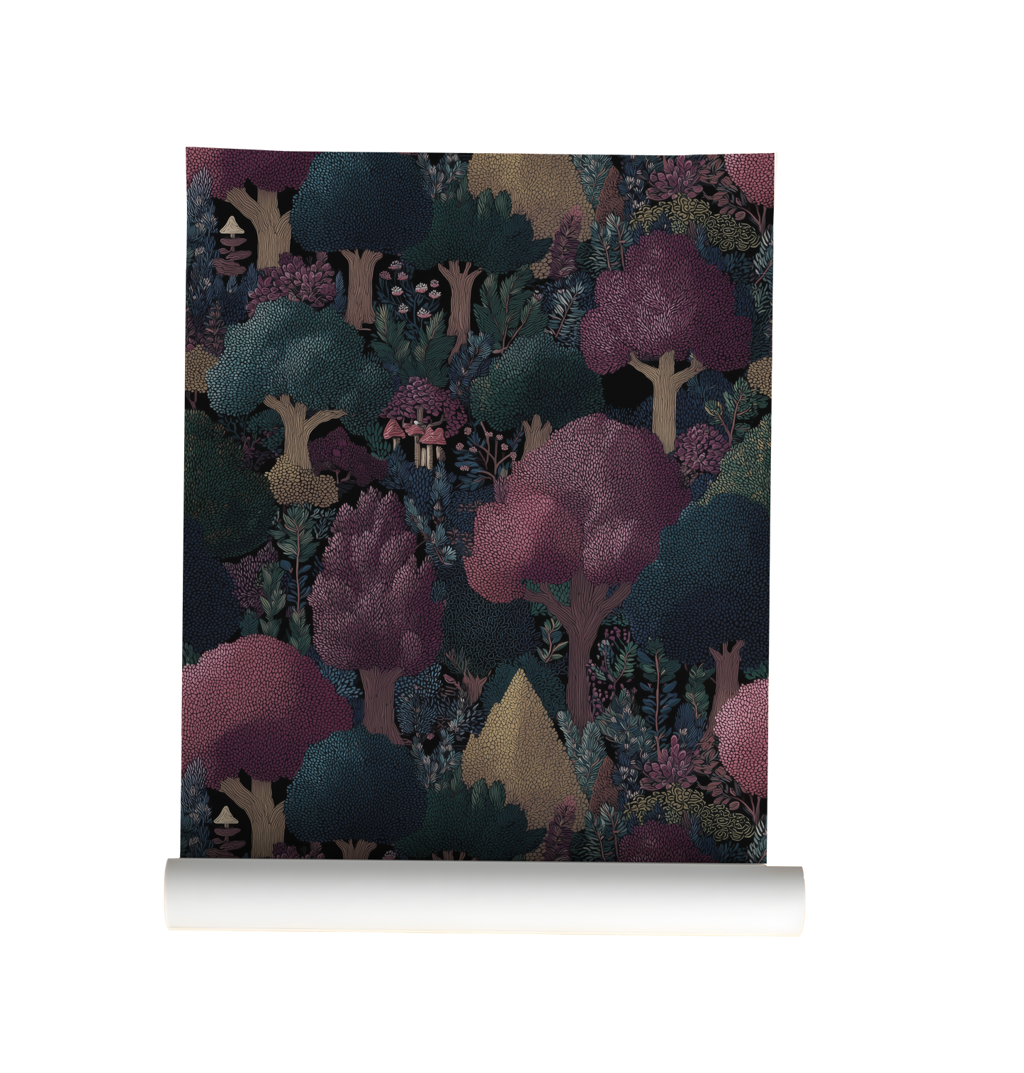 dark cottagecore woodland forest wallpaper with trees and mushrooms