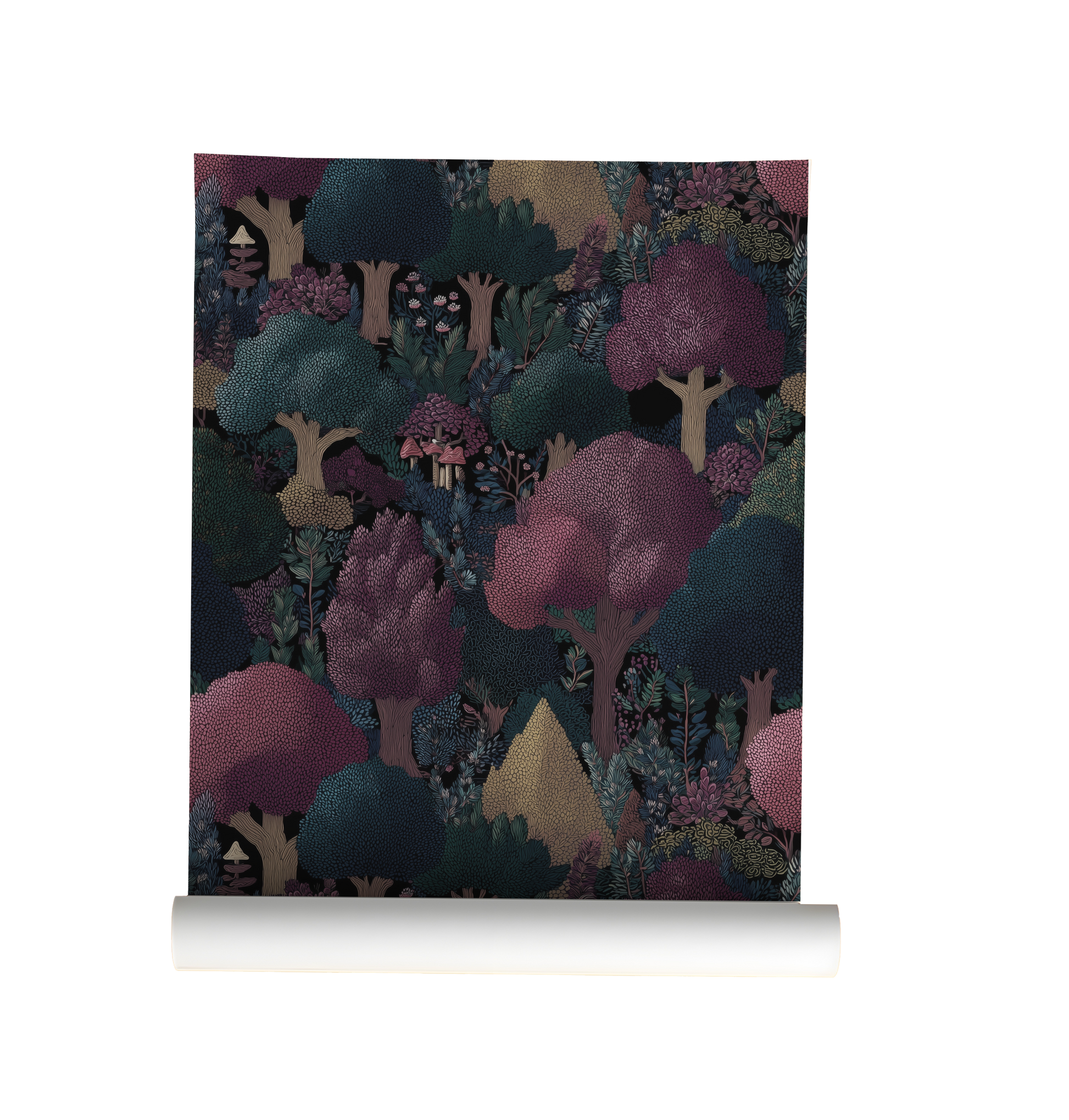 dark cottagecore woodland forest wallpaper with trees and mushrooms