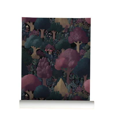dark cottagecore woodland forest wallpaper with trees and mushrooms