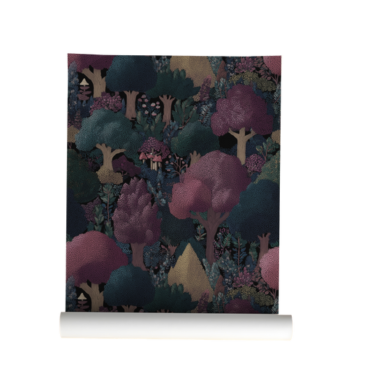 dark cottagecore woodland forest wallpaper with trees and mushrooms