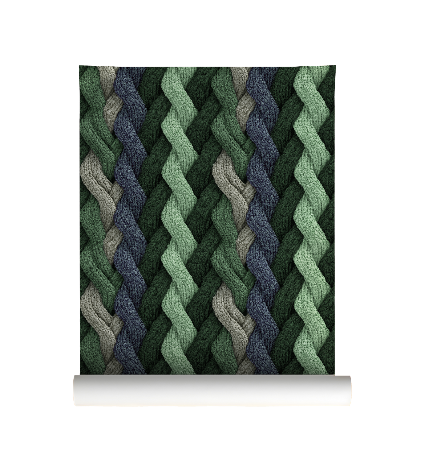 Evergreen cable knit wallpaper with braided knit pattern in layered green tones On roll