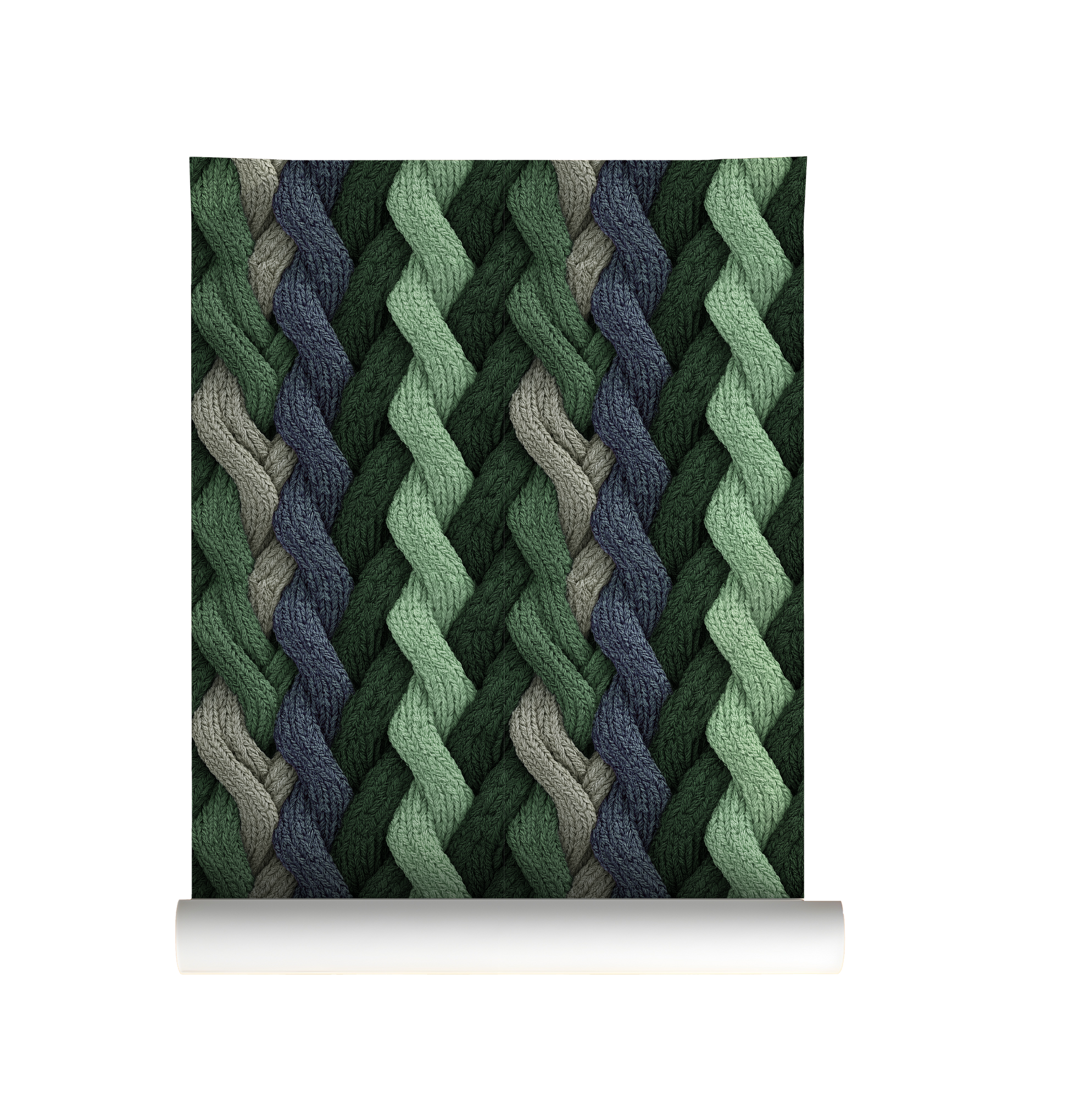 Evergreen cable knit wallpaper with braided knit pattern in layered green tones On roll