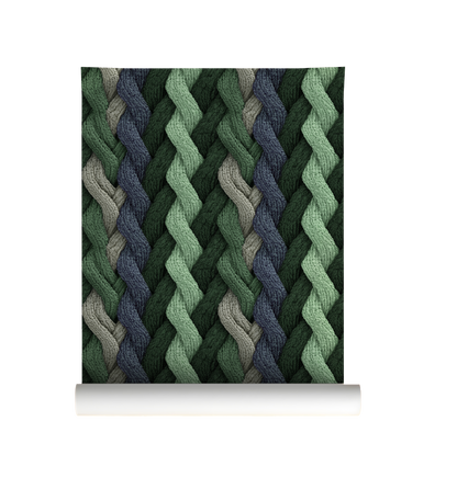 Evergreen cable knit wallpaper with braided knit pattern in layered green tones On roll