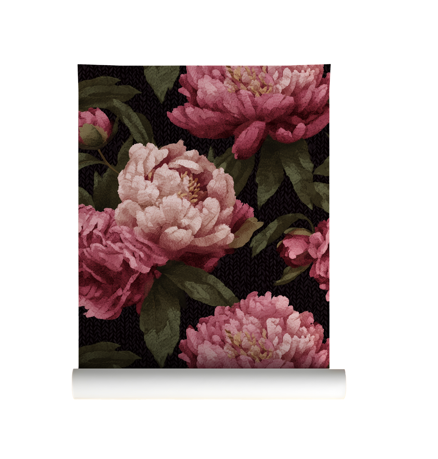 Roll of wallpaper with knitted pink floral design on a black background