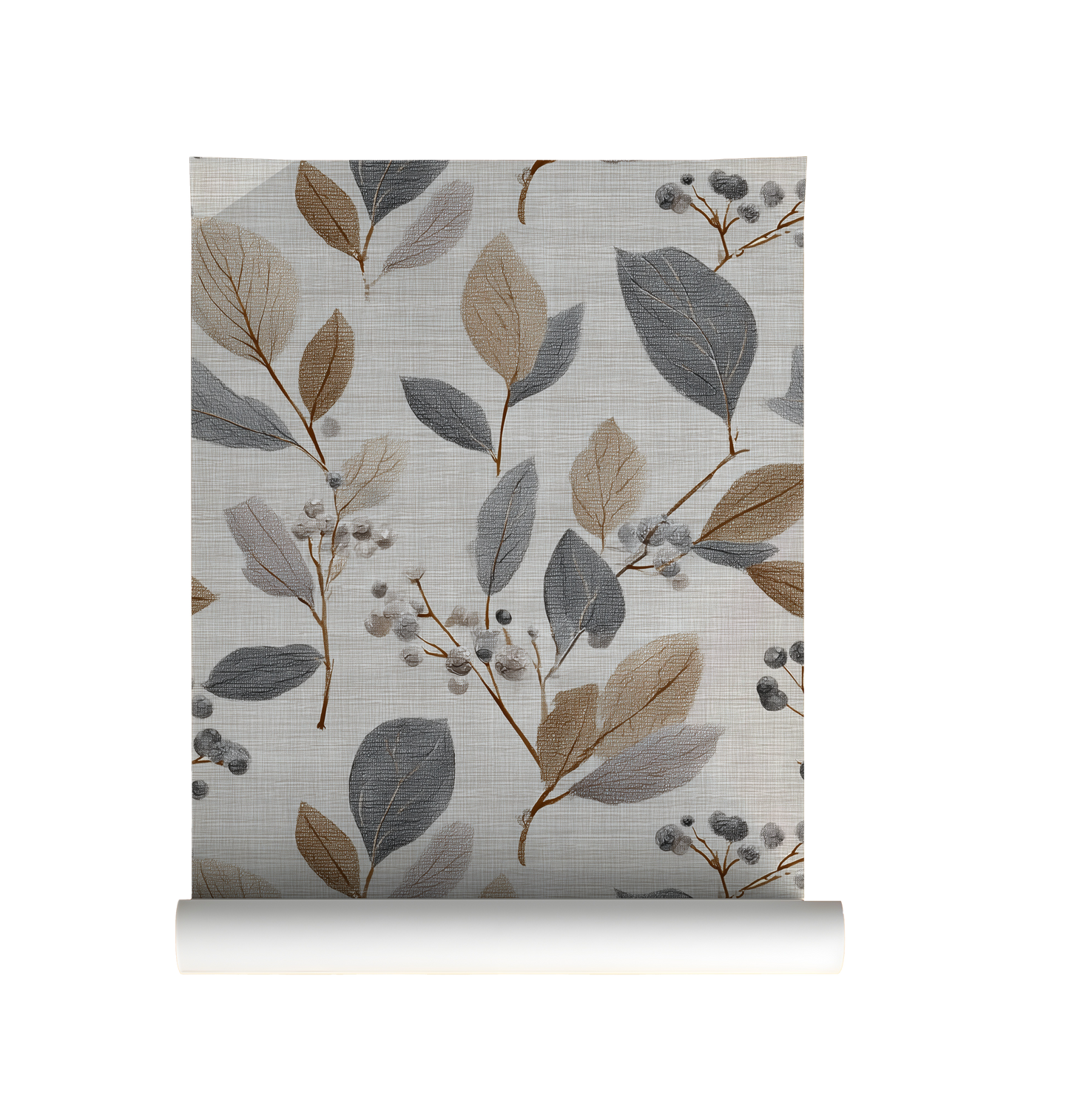 Neutral botanical leaf wallpaper with soft grey and flax colored leaves on a textured linen background