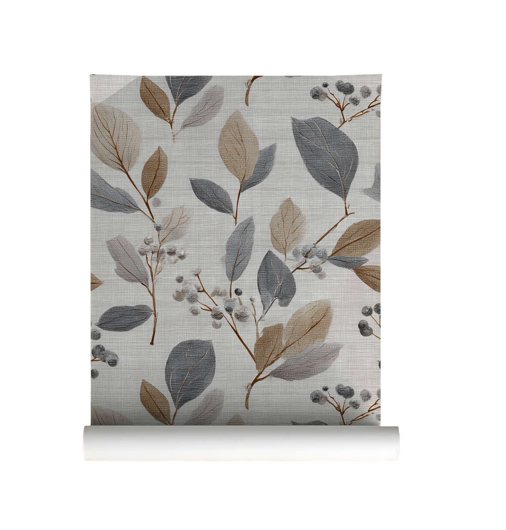 Neutral botanical leaf wallpaper with soft grey and flax colored leaves on a textured linen background