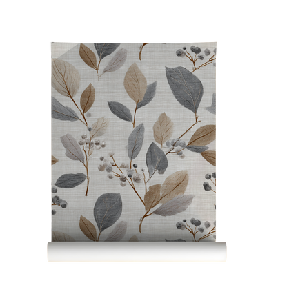 Neutral botanical leaf wallpaper with soft grey and flax colored leaves on a textured linen background