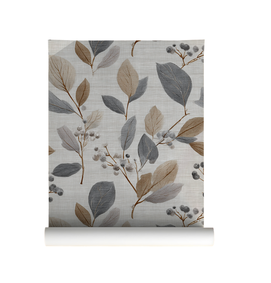 Neutral botanical leaf wallpaper with soft grey and flax colored leaves on a textured linen background