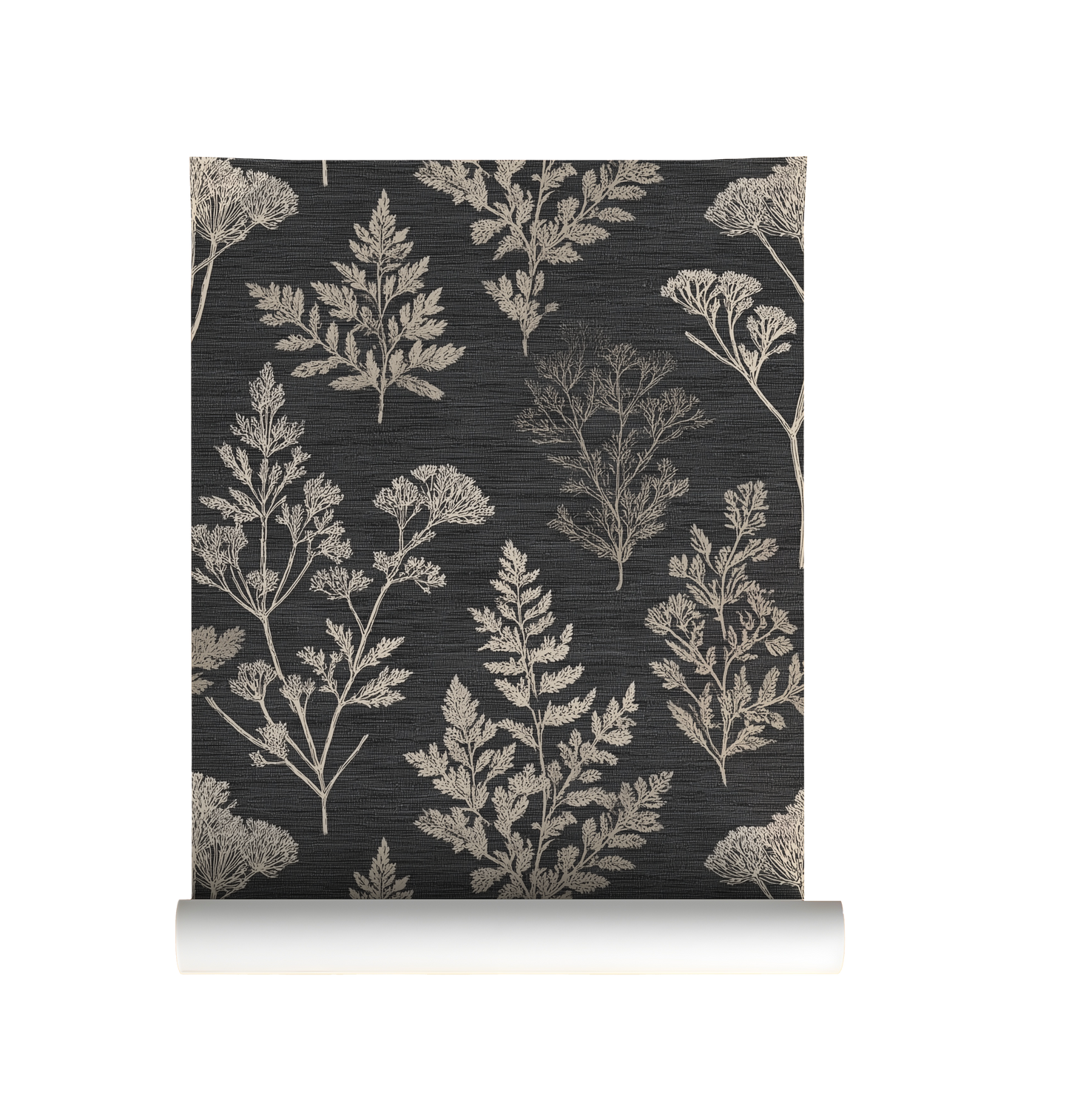 Roll of wallpaper with a neutral botanical pattern on a dark background