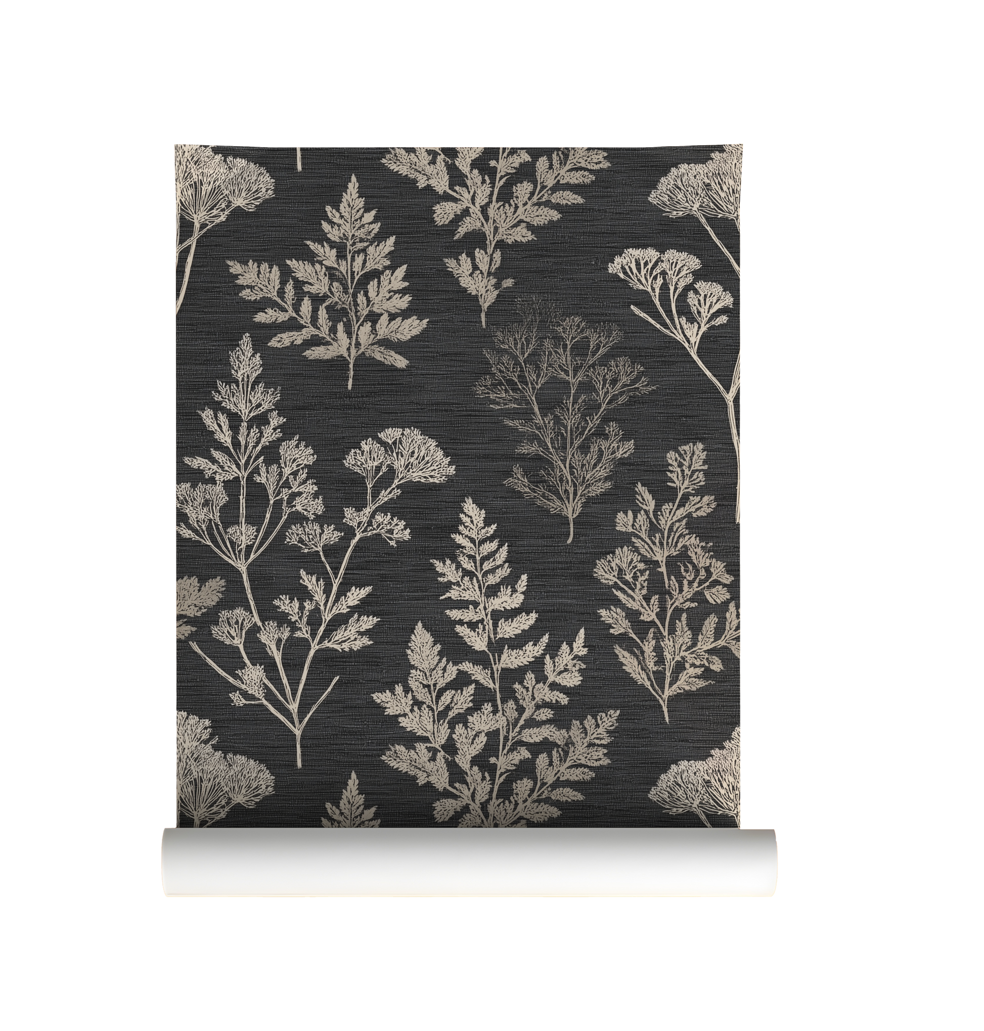 Roll of wallpaper with a neutral botanical pattern on a dark background