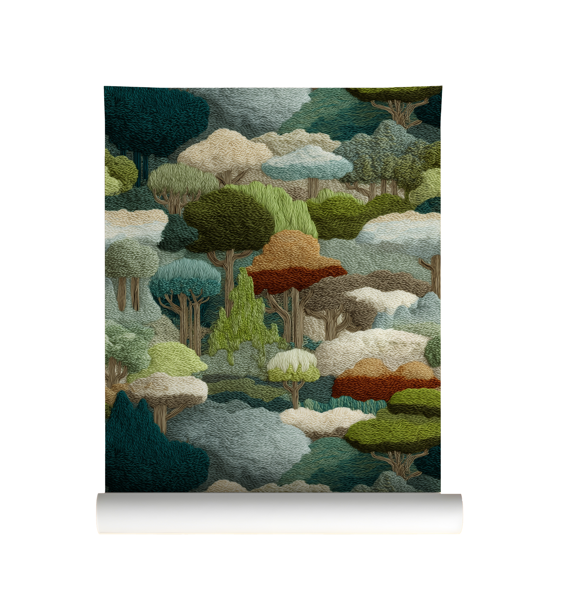 Whimsical woodland wallpaper with layered green forest trees in a tapestry style landscape on roll