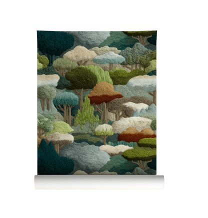 Whimsical woodland wallpaper with layered green forest trees in a tapestry style landscape on roll
