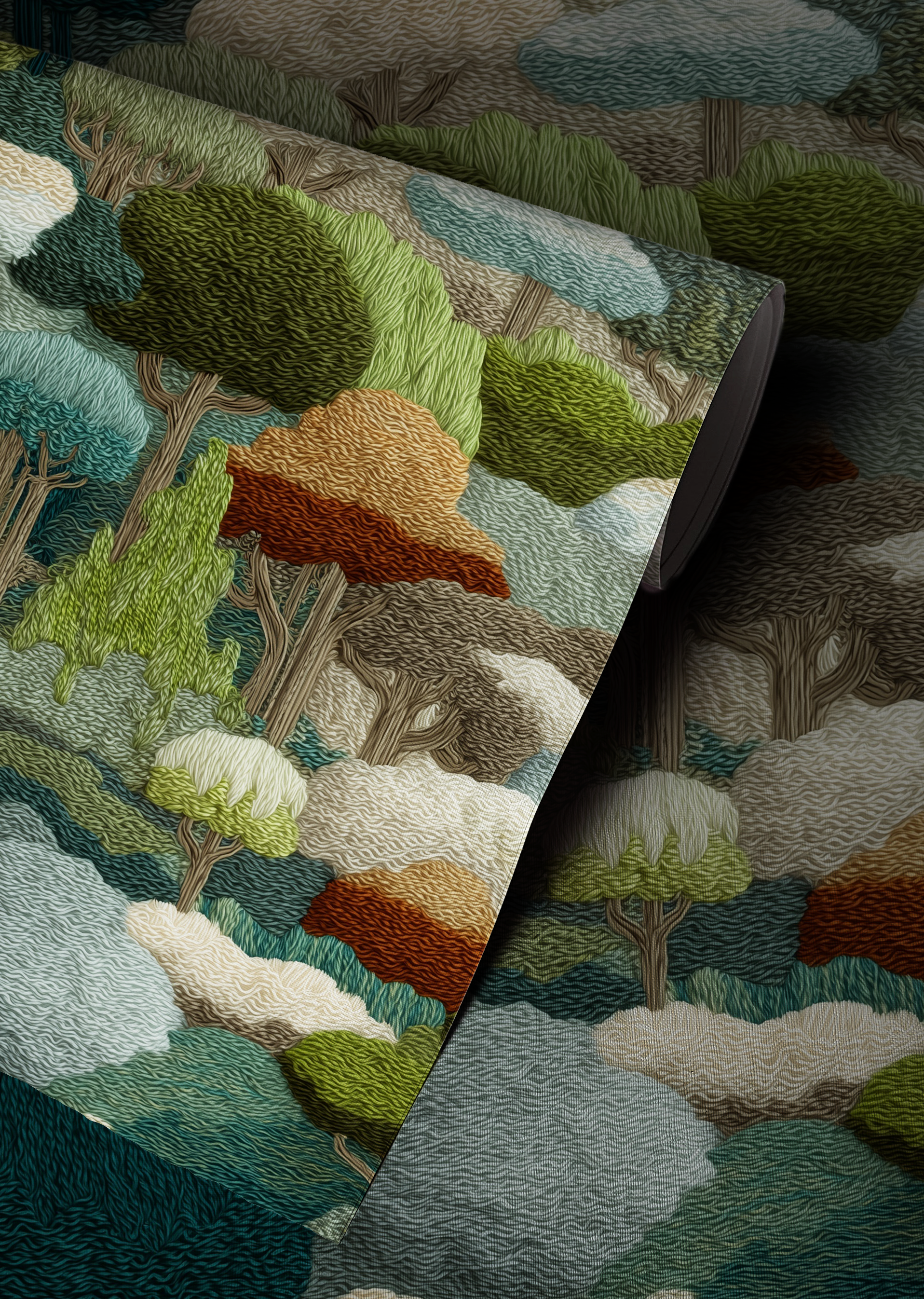 Whimsical woodland wallpaper with layered green forest trees in a tapestry style landscape up close