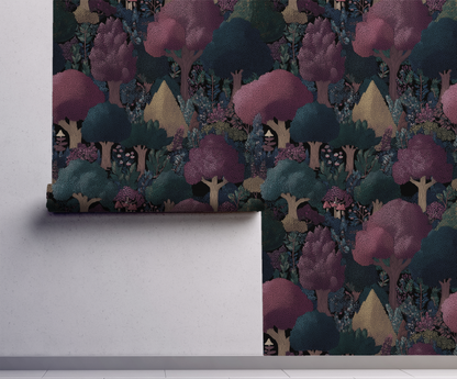 dark cottagecore woodland forest wallpaper with trees and mushrooms