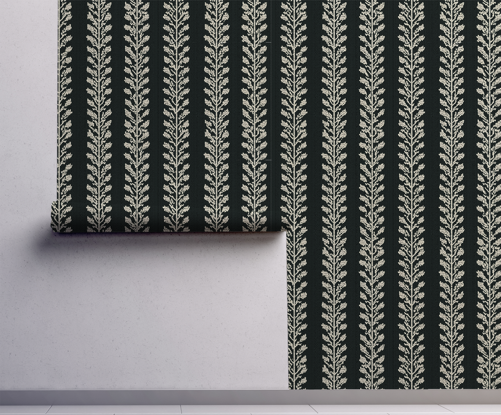 Dark botanical vine wallpaper with repeating cream leaf vines on a deep green background On wall