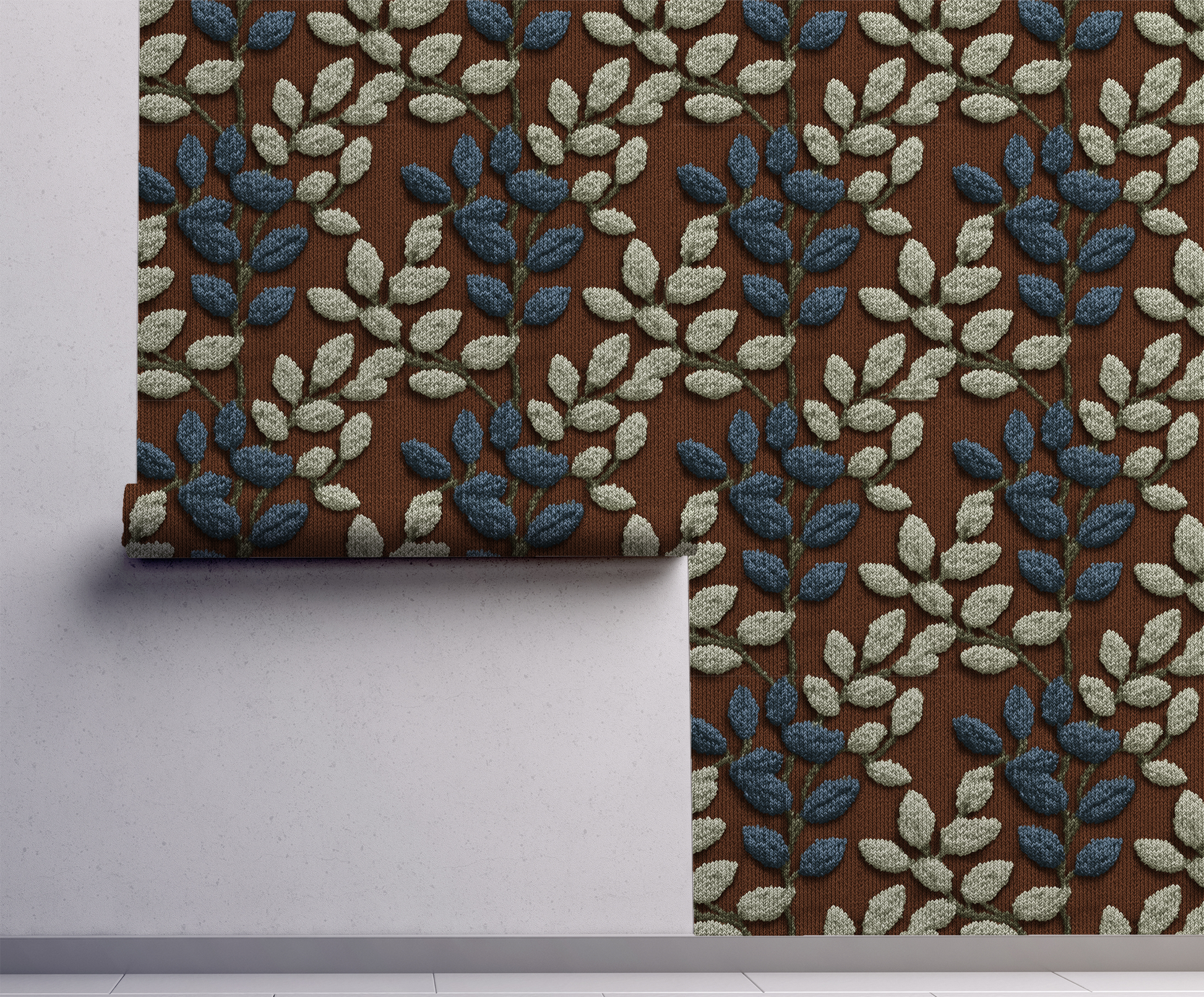 Textured botanical leaf wallpaper with blue and sage leaves on a warm rust background