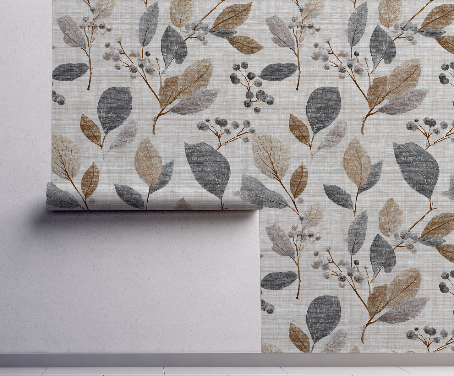 Neutral botanical leaf wallpaper with soft grey and flax colored leaves on a textured linen background