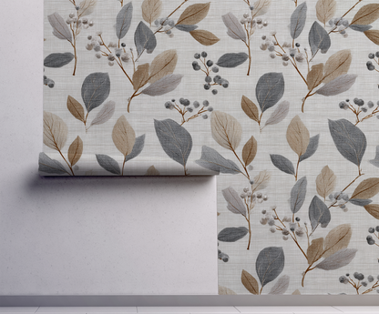 Neutral botanical leaf wallpaper with soft grey and flax colored leaves on a textured linen background
