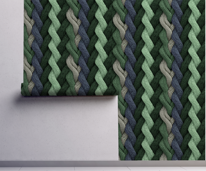 Evergreen cable knit wallpaper with braided knit pattern in layered green tones